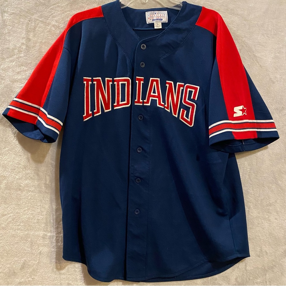 Cleveland Indians Shirt Men’s Large Blue Red Starter Jersey Button Down Baseball